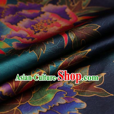 Traditional Chinese Blue Gambiered Guangdong Gauze Satin Plain Classical Peony Pattern Cheongsam Silk Drapery