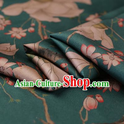 Traditional Chinese Green Gambiered Guangdong Gauze Satin Plain Classical Yulan Magnolia Pattern Cheongsam Silk Drapery