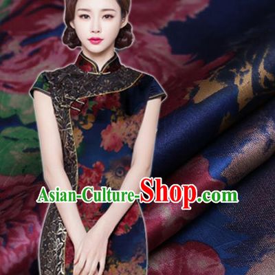 Chinese Traditional Blue Brocade Fabric Palace Peony Pattern Satin Plain Cheongsam Silk Drapery