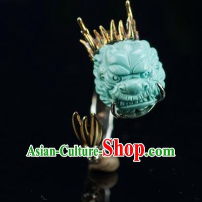 Chinese Traditional Jewelry Accessories Ancient Hanfu Kallaite Carving Dragon Rings for Women