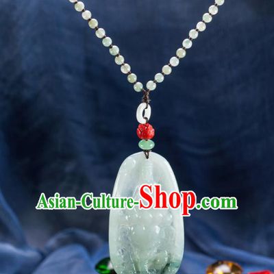 Chinese Traditional Jewelry Accessories Ancient Ice Jade Necklace Jadeite Carving Samantabhadra Bodhisattva Pendant