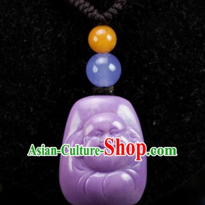 Chinese Traditional Jewelry Accessories Purple Mica Necklet Ancient Hanfu Carving Maitreya Buddha Necklace for Women