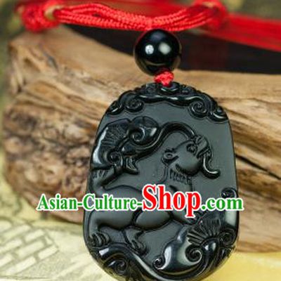 Chinese Traditional Jewelry Accessories Carving Dog Obsidian Artware Handmade Pendant