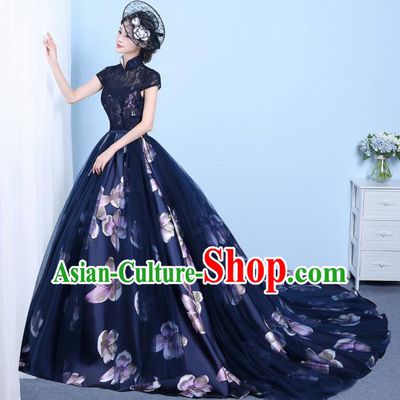 Chinese Classical Catwalks Costumes Traditional Cheongsam Wedding Navy Lace Trailing Full Dress for Women