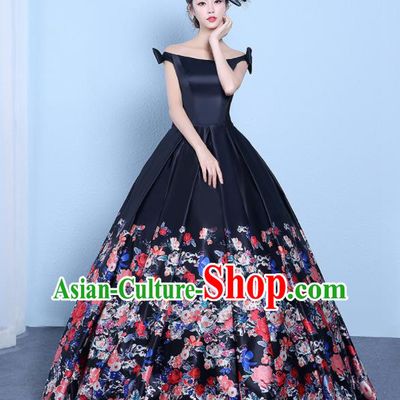 Top Performance Catwalks Costumes Wedding Dress Printing Black Full Dress for Women
