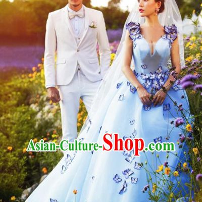 Top Performance Catwalks Costumes Wedding Dress Blue Trailing Full Dress for Women