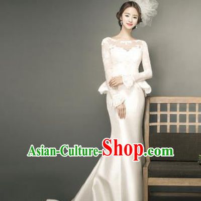 Top Performance Catwalks Costumes Wedding Dress Beige Satin Full Dress for Women