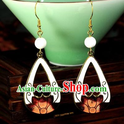 Chinese Traditional Jade Jewelry Accessories Ancient Hanfu Cloisonne White Lotus Earrings for Women