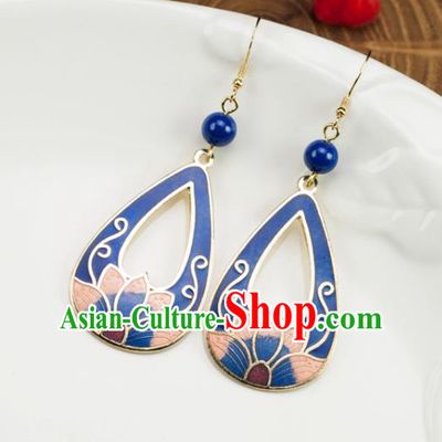 Chinese Traditional Jade Jewelry Accessories Ancient Hanfu Cloisonne Blue Lotus Earrings for Women