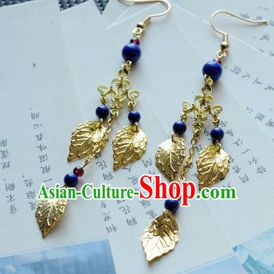 Chinese Traditional Jewelry Accessories Ancient Hanfu Golden Leaf Tassel Earrings for Women
