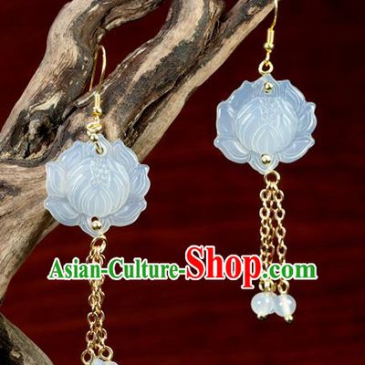 Chinese Traditional Jewelry Accessories Ancient Hanfu Jade Carving Lotus Earrings for Women