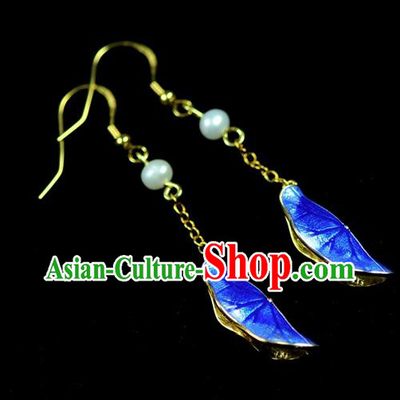Chinese Traditional Jewelry Accessories Ancient Hanfu Blueing Lotus Leaf Earrings for Women