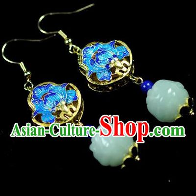 Chinese Traditional Jewelry Accessories Ancient Hanfu Blueing Lotus Jade Earrings for Women