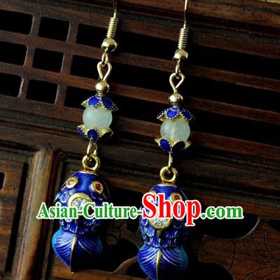 Chinese Traditional Jewelry Accessories Ancient Hanfu Blueing Carp Earrings for Women