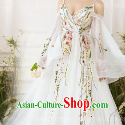 Top Performance Catwalks Costumes White Wedding Dress Flowers Fairy Full Dress for Women