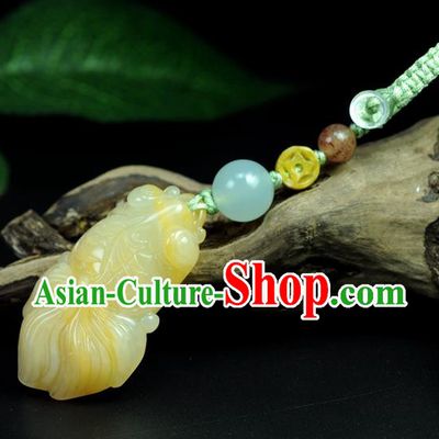 Chinese Traditional Jewelry Accessories Jade Sculpture Craft Handmade Yellow Jadeite Goldfish Pendant