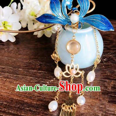 Chinese Classical Hair Accessories Traditional Ancient Hanfu Blueing Lotus Hairpins for Women