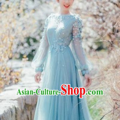 Top Performance Catwalks Costumes Blue Flowers Fairy Dress Full Dress for Women