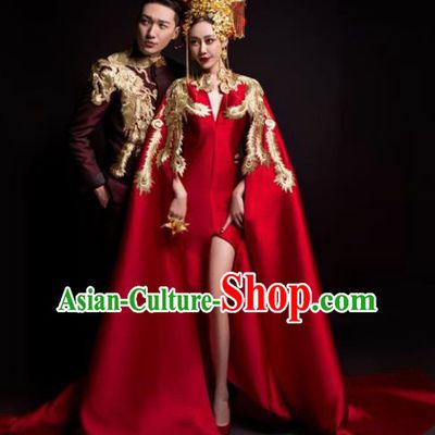 Chinese Classical Catwalks Costumes Traditional Wedding Red Trailing Full Dress for Women
