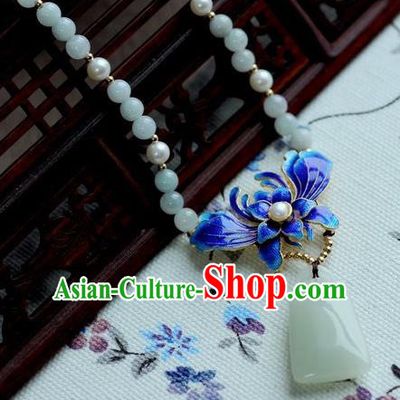 Chinese Traditional Jewelry Accessories Ancient Hanfu Blueing Orchid Jade Necklace for Women