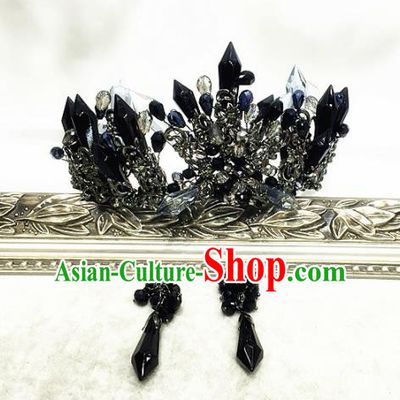 Handmade Bride Crystal Hair Accessories Wedding Baroque Black Royal Crown for Women