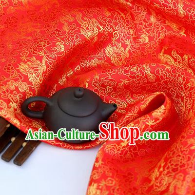 Asian Chinese Traditional Fabric Material Red Brocade Classical Dragons Pattern Design Satin Drapery