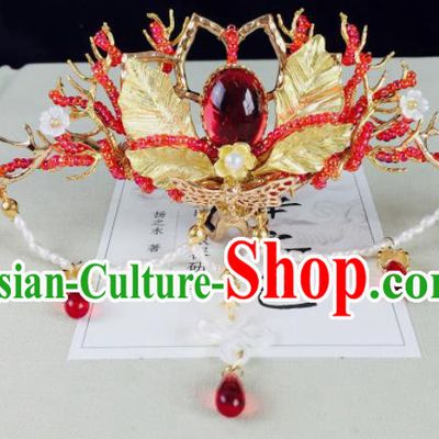 Chinese Classical Red Beads Hairpins Wedding Hair Accessories Traditional Ancient Hair Clip for Women