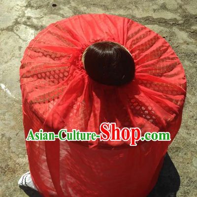Chinese Traditional Handmade Craft Straw Hat Red Veil Bamboo Hat