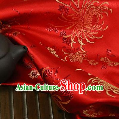 Red Brocade Chinese Traditional Silk Fabric Material Classical Chrysanthemum Pattern Design Satin Drapery