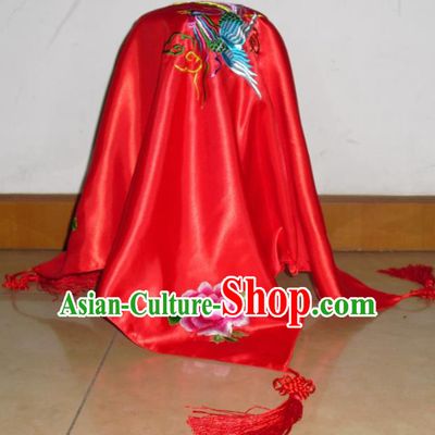 Chinese Traditional Bride Headdress Ancient Wedding Embroidered Phoenix Peony Red Veil Curtain for Women