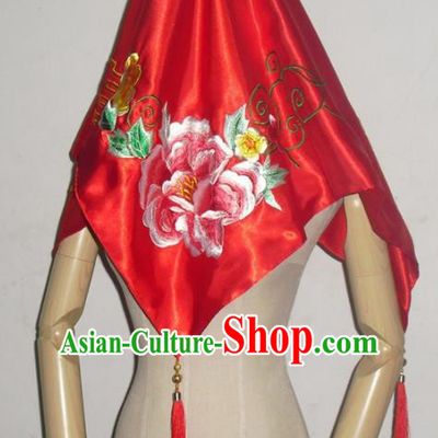 Chinese Traditional Wedding Headdress Ancient Bride Embroidered Peony Red Curtain for Women