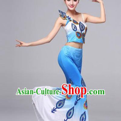 Chinese Traditional Dai Ethnic Costumes Minority Nationality Folk Dance Pavane Blue Dress for Women