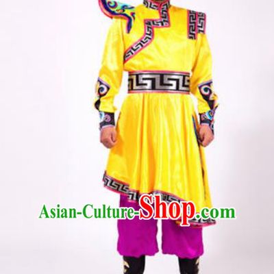 Chinese Traditional Folk Dance Yellow Costumes Mongolian Minority Dance Clothing for Men
