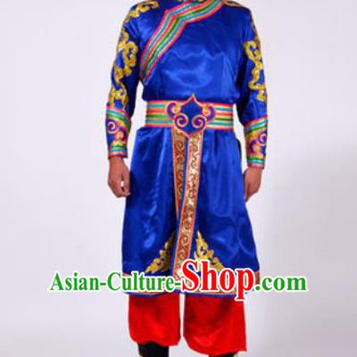 Chinese Traditional Folk Dance Costumes Mongolian Minority Blue Clothing for Men