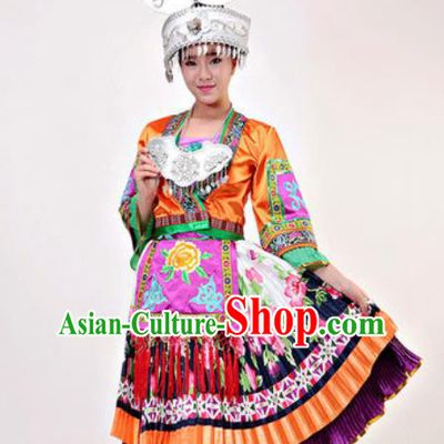 Chinese Traditional Miao Ethnic Costumes Hmong Minority Folk Dance Orange Dress for Women