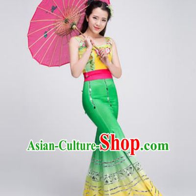 Chinese Traditional Dai Ethnic Costumes Folk Dance Peacock Dance Green Dress for Women