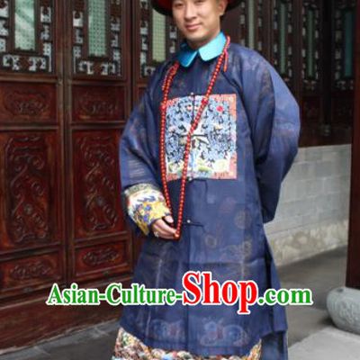 Chinese Traditional Ancient Qing Dynasty Manchu Civil Official Embroidered Costumes and Hat for Men