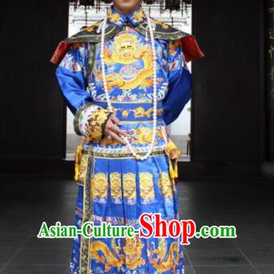 Chinese Traditional Ancient Qing Dynasty Manchu Emperor Embroidered Costumes and Hat for Men