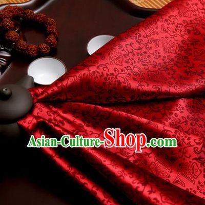 Chinese Traditional Brocade Classical Fishes Pattern Design Wine Red Silk Fabric Material Satin Drapery