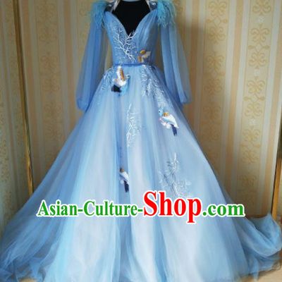 Top Grade Modern Dance Embroidered Blue Full Dress Stage Performance Costume for Women