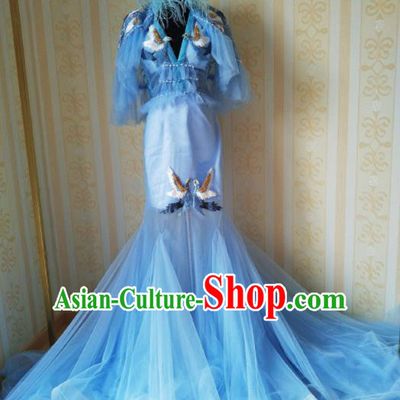 Top Grade Modern Dance Mermaid Blue Full Dress Stage Performance Costume for Women