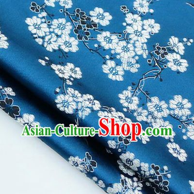 Chinese Traditional Blue Brocade Classical Plum Blossom Pattern Design Silk Fabric Material Satin Drapery