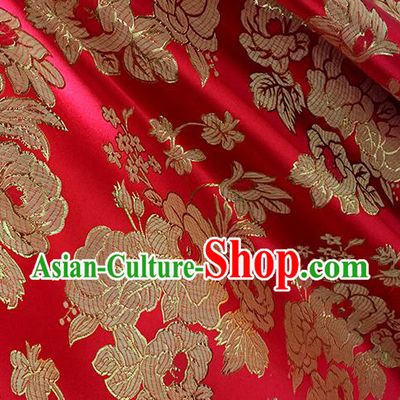 Chinese Traditional Red Brocade Classical Peony Pattern Design Silk Fabric Material Satin Drapery