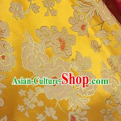 Chinese Traditional Yellow Brocade Classical Peony Pattern Design Silk Fabric Material Satin Drapery