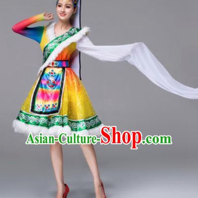 Chinese Traditional Ethnic Costumes Tibetan Minority Nationality Yellow Dress for Women