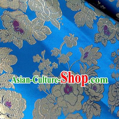 Chinese Traditional Blue Brocade Classical Peony Pattern Design Silk Fabric Material Satin Drapery