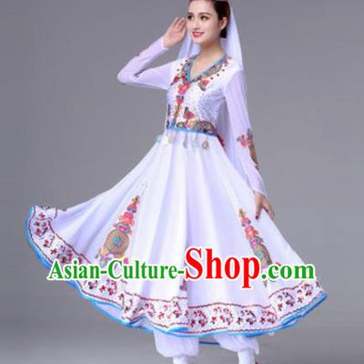 Chinese Traditional Ethnic Costumes Uyghur Minority Nationality White Dress for Women