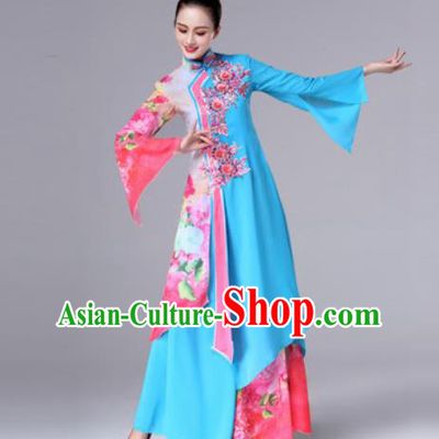 Traditional Chinese Classical Dance Blue Dress Stage Performance Folk Dance Costume for Women