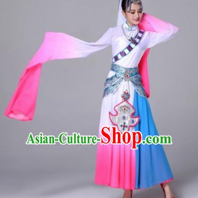 Chinese Traditional Ethnic Costumes Tibetan Minority Nationality Folk Dance Pink Dress for Women