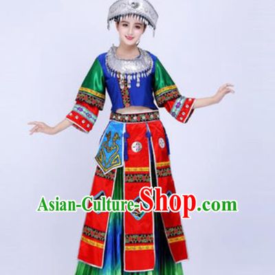Chinese Traditional Miao Ethnic Costumes Hmong Minority Nationality Folk Dance Green Dress for Women